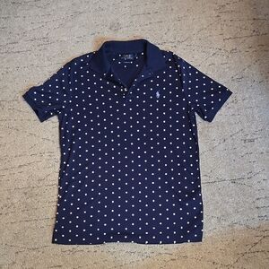 Ralph Lauren Navy Blue Polo with Tan Dots, Size S Preowned